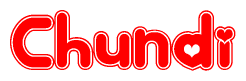 The image is a red and white graphic with the word Chundi written in a decorative script. Each letter in  is contained within its own outlined bubble-like shape. Inside each letter, there is a white heart symbol.