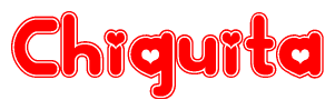 The image is a clipart featuring the word Chiquita written in a stylized font with a heart shape replacing inserted into the center of each letter. The color scheme of the text and hearts is red with a light outline.