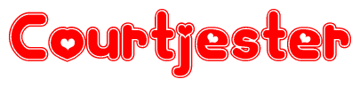   The image is a red and white graphic with the word Courtjester written in a decorative script. Each letter in  is contained within its own outlined bubble-like shape. Inside each letter, there is a white heart symbol. 