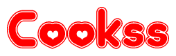 The image is a red and white graphic with the word Cookss written in a decorative script. Each letter in  is contained within its own outlined bubble-like shape. Inside each letter, there is a white heart symbol.