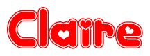 The image is a red and white graphic with the word Claire written in a decorative script. Each letter in  is contained within its own outlined bubble-like shape. Inside each letter, there is a white heart symbol.
