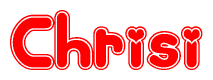 The image is a red and white graphic with the word Chrisi written in a decorative script. Each letter in  is contained within its own outlined bubble-like shape. Inside each letter, there is a white heart symbol.