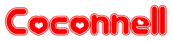 The image is a red and white graphic with the word Coconnell written in a decorative script. Each letter in  is contained within its own outlined bubble-like shape. Inside each letter, there is a white heart symbol.