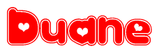 The image is a red and white graphic with the word Duane written in a decorative script. Each letter in  is contained within its own outlined bubble-like shape. Inside each letter, there is a white heart symbol.