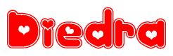The image is a red and white graphic with the word Diedra written in a decorative script. Each letter in  is contained within its own outlined bubble-like shape. Inside each letter, there is a white heart symbol.