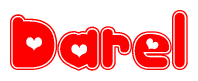The image is a red and white graphic with the word Darel written in a decorative script. Each letter in  is contained within its own outlined bubble-like shape. Inside each letter, there is a white heart symbol.