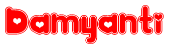 The image displays the word Damyanti written in a stylized red font with hearts inside the letters.