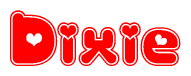   The image is a clipart featuring the word Dixie written in a stylized font with a heart shape replacing inserted into the center of each letter. The color scheme of the text and hearts is red with a light outline. 