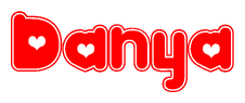 The image is a red and white graphic with the word Danya written in a decorative script. Each letter in  is contained within its own outlined bubble-like shape. Inside each letter, there is a white heart symbol.