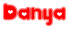   The image is a red and white graphic with the word Danya written in a decorative script. Each letter in  is contained within its own outlined bubble-like shape. Inside each letter, there is a white heart symbol. 