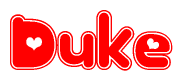 The image is a red and white graphic with the word Duke written in a decorative script. Each letter in  is contained within its own outlined bubble-like shape. Inside each letter, there is a white heart symbol.