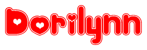 The image is a red and white graphic with the word Dorilynn written in a decorative script. Each letter in  is contained within its own outlined bubble-like shape. Inside each letter, there is a white heart symbol.