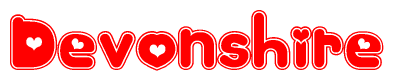 The image displays the word Devonshire written in a stylized red font with hearts inside the letters.