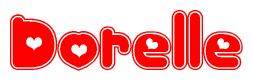 The image is a clipart featuring the word Dorelle written in a stylized font with a heart shape replacing inserted into the center of each letter. The color scheme of the text and hearts is red with a light outline.
