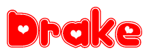 The image is a red and white graphic with the word Drake written in a decorative script. Each letter in  is contained within its own outlined bubble-like shape. Inside each letter, there is a white heart symbol.