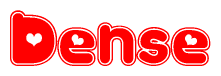 The image is a red and white graphic with the word Dense written in a decorative script. Each letter in  is contained within its own outlined bubble-like shape. Inside each letter, there is a white heart symbol.