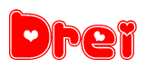   The image is a red and white graphic with the word Drei written in a decorative script. Each letter in  is contained within its own outlined bubble-like shape. Inside each letter, there is a white heart symbol. 