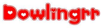 The image is a red and white graphic with the word Dowlingrr written in a decorative script. Each letter in  is contained within its own outlined bubble-like shape. Inside each letter, there is a white heart symbol.