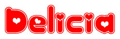 The image is a red and white graphic with the word Delicia written in a decorative script. Each letter in  is contained within its own outlined bubble-like shape. Inside each letter, there is a white heart symbol.
