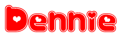 The image is a clipart featuring the word Dennie written in a stylized font with a heart shape replacing inserted into the center of each letter. The color scheme of the text and hearts is red with a light outline.