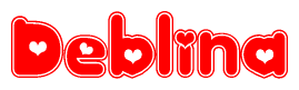 The image is a red and white graphic with the word Deblina written in a decorative script. Each letter in  is contained within its own outlined bubble-like shape. Inside each letter, there is a white heart symbol.