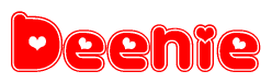 The image displays the word Deenie written in a stylized red font with hearts inside the letters.