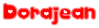 The image is a red and white graphic with the word Dorajean written in a decorative script. Each letter in  is contained within its own outlined bubble-like shape. Inside each letter, there is a white heart symbol.