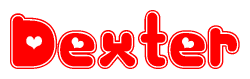 The image is a clipart featuring the word Dexter written in a stylized font with a heart shape replacing inserted into the center of each letter. The color scheme of the text and hearts is red with a light outline.