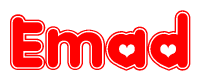 The image is a red and white graphic with the word Emad written in a decorative script. Each letter in  is contained within its own outlined bubble-like shape. Inside each letter, there is a white heart symbol.