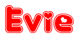 The image displays the word Evie written in a stylized red font with hearts inside the letters.