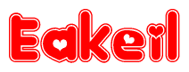The image is a red and white graphic with the word Eakeil written in a decorative script. Each letter in  is contained within its own outlined bubble-like shape. Inside each letter, there is a white heart symbol.