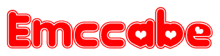 The image is a clipart featuring the word Emccabe written in a stylized font with a heart shape replacing inserted into the center of each letter. The color scheme of the text and hearts is red with a light outline.