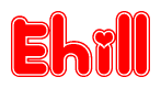 The image is a clipart featuring the word Ehill written in a stylized font with a heart shape replacing inserted into the center of each letter. The color scheme of the text and hearts is red with a light outline.
