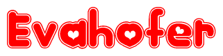 The image is a clipart featuring the word Evahofer written in a stylized font with a heart shape replacing inserted into the center of each letter. The color scheme of the text and hearts is red with a light outline.