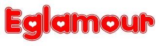 The image is a clipart featuring the word Eglamour written in a stylized font with a heart shape replacing inserted into the center of each letter. The color scheme of the text and hearts is red with a light outline.
