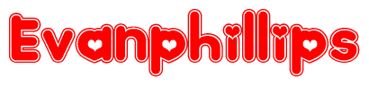 The image is a red and white graphic with the word Evanphillips written in a decorative script. Each letter in  is contained within its own outlined bubble-like shape. Inside each letter, there is a white heart symbol.