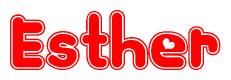 The image is a red and white graphic with the word Esther written in a decorative script. Each letter in  is contained within its own outlined bubble-like shape. Inside each letter, there is a white heart symbol.
