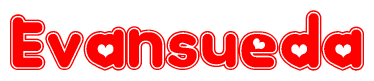 The image is a clipart featuring the word Evansueda written in a stylized font with a heart shape replacing inserted into the center of each letter. The color scheme of the text and hearts is red with a light outline.