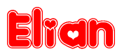 The image is a red and white graphic with the word Elian written in a decorative script. Each letter in  is contained within its own outlined bubble-like shape. Inside each letter, there is a white heart symbol.