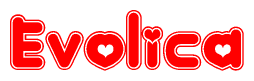 The image displays the word Evolica written in a stylized red font with hearts inside the letters.