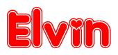 The image is a red and white graphic with the word Elvin written in a decorative script. Each letter in  is contained within its own outlined bubble-like shape. Inside each letter, there is a white heart symbol.