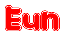 The image is a red and white graphic with the word Eun written in a decorative script. Each letter in  is contained within its own outlined bubble-like shape. Inside each letter, there is a white heart symbol.