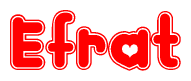 The image is a red and white graphic with the word Efrat written in a decorative script. Each letter in  is contained within its own outlined bubble-like shape. Inside each letter, there is a white heart symbol.