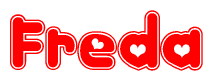 The image displays the word Freda written in a stylized red font with hearts inside the letters.