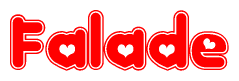 The image is a clipart featuring the word Falade written in a stylized font with a heart shape replacing inserted into the center of each letter. The color scheme of the text and hearts is red with a light outline.