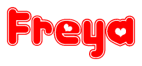 The image is a clipart featuring the word Freya written in a stylized font with a heart shape replacing inserted into the center of each letter. The color scheme of the text and hearts is red with a light outline.