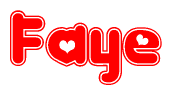 The image is a red and white graphic with the word Faye written in a decorative script. Each letter in  is contained within its own outlined bubble-like shape. Inside each letter, there is a white heart symbol.