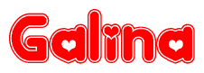 The image is a red and white graphic with the word Galina written in a decorative script. Each letter in  is contained within its own outlined bubble-like shape. Inside each letter, there is a white heart symbol.