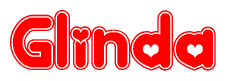 The image is a red and white graphic with the word Glinda written in a decorative script. Each letter in  is contained within its own outlined bubble-like shape. Inside each letter, there is a white heart symbol.