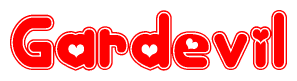 The image is a clipart featuring the word Gardevil written in a stylized font with a heart shape replacing inserted into the center of each letter. The color scheme of the text and hearts is red with a light outline.